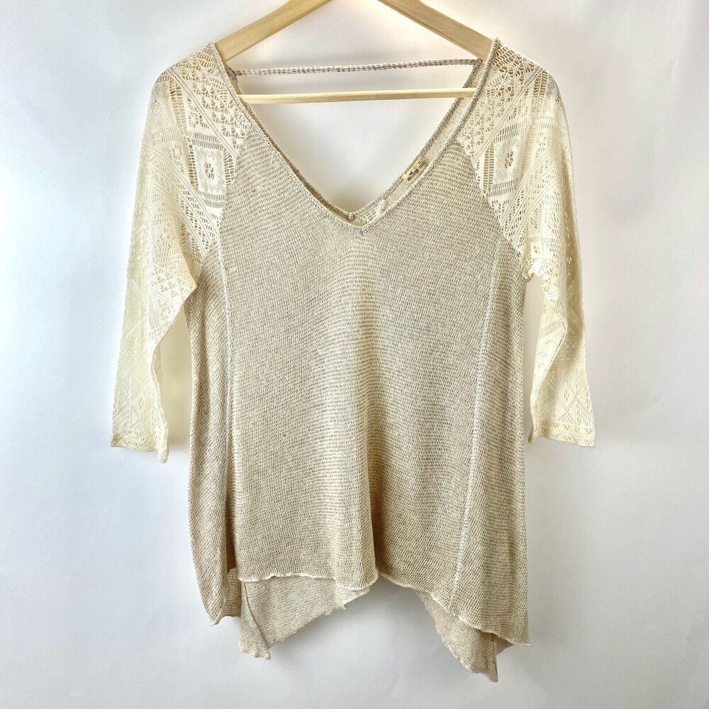 Hollister Womens 3/4 Crochet Sleeve Asymmetrical Hem Oversized Sz XS V Neck